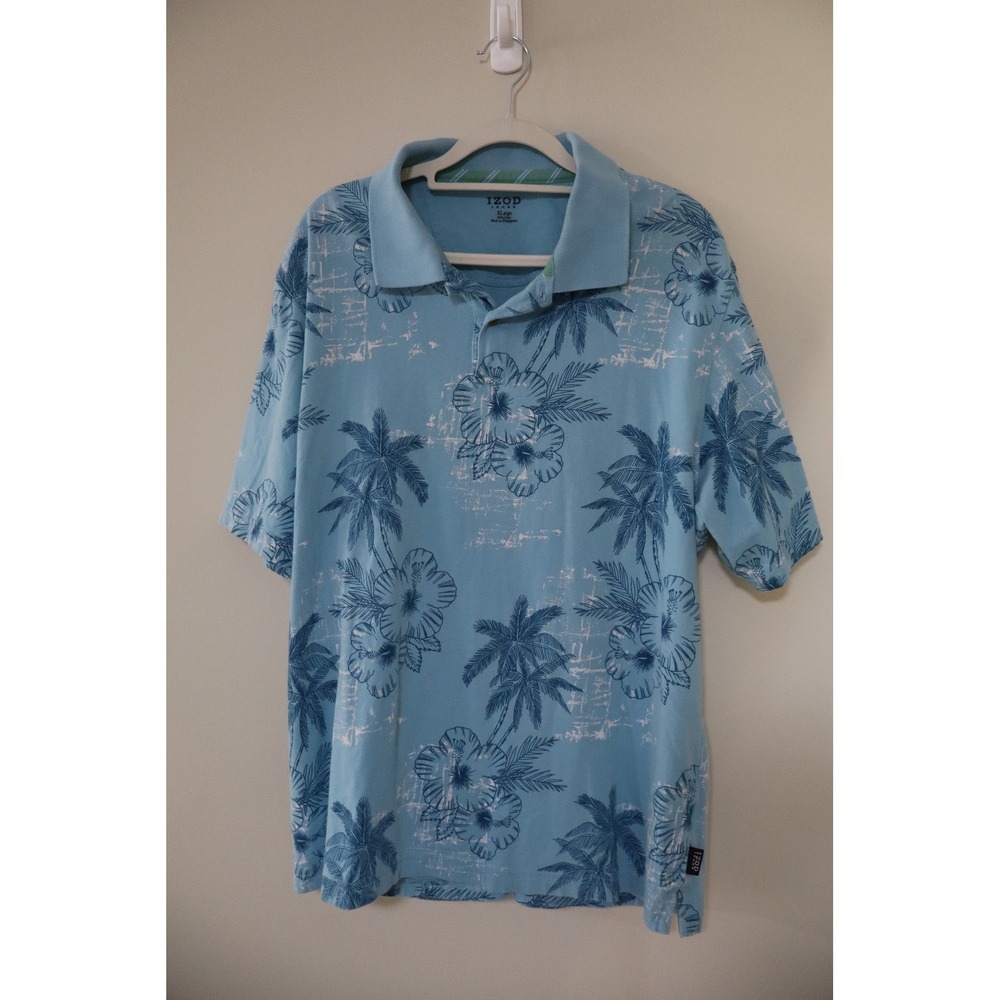 Tropical Beach Summer IZOD Jeans Polo Shirt XL Blue Palm Tree Hibiscus Casual